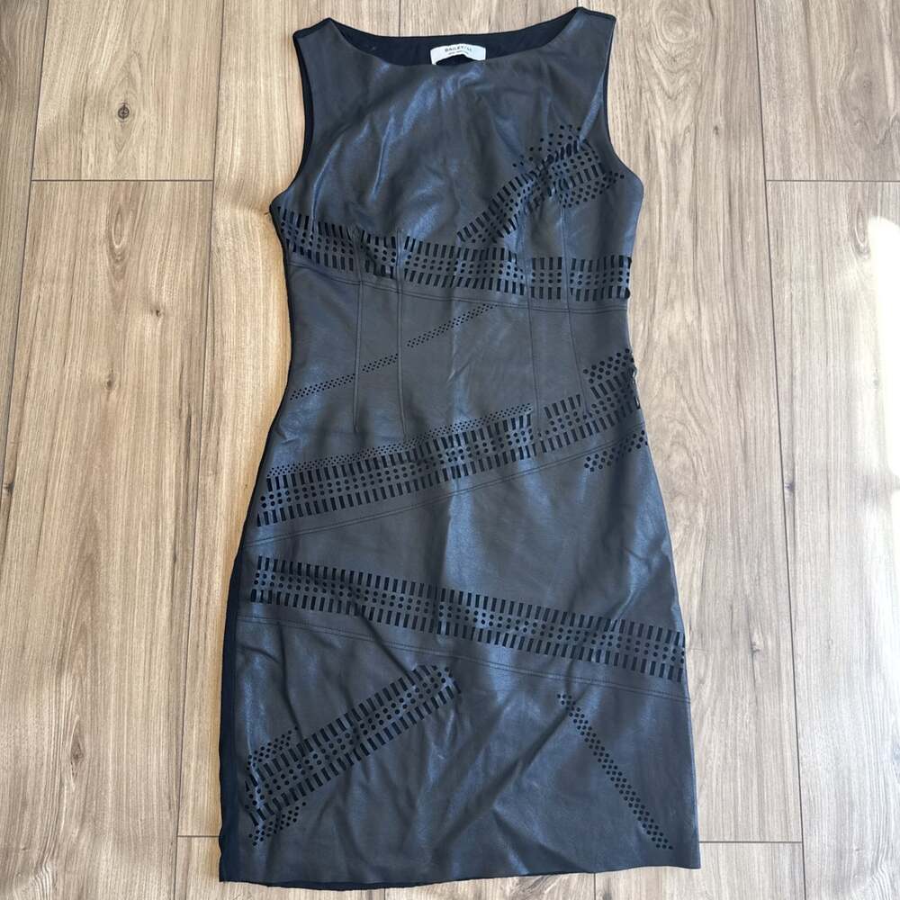 bailey 44 dress Sz S Faux Black Faux Leather Laser Cot Perforations Retro Punk